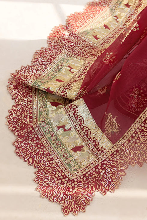 Farasha Embroidered Net Suit Carmine Allure