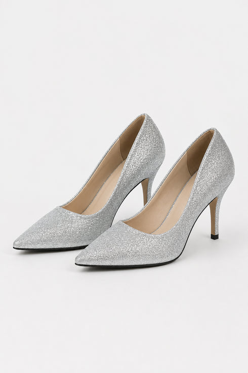 Silver Glitter Stiletto High Heel Court Shoes Pointed Toe 4.5 Inch — BS-12924