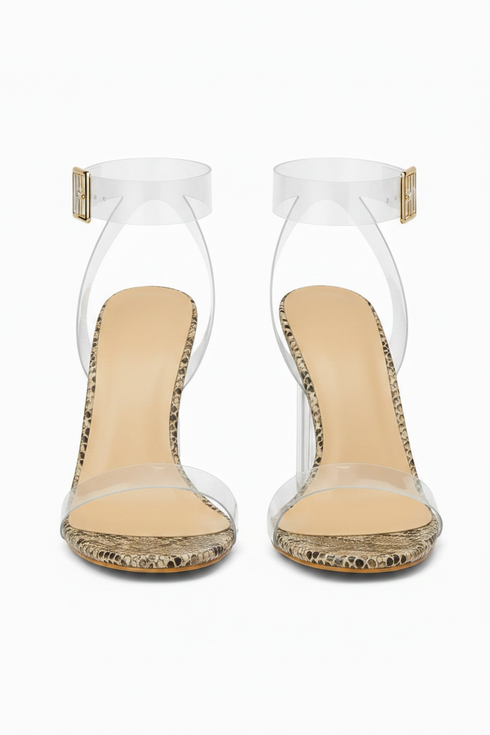 Women's Snake Print Clear Strap Block Perspex High Heel Sandals-BS-71