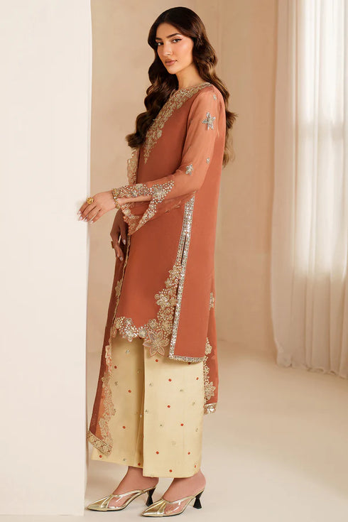 Farasha Embroidered Chiffon Suit Warm Saffron