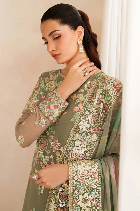 Farasha Embroidered Chiffon Suit Olive Dazzle