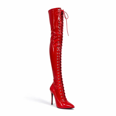 Women's Red Patent Thigh High Over The Knee Front Lace Up Stiletto Boots 11720