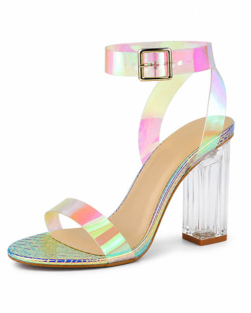 Women's Hologram/Multi/Rainbow Clear Strap Block Perspex High Heel Sandals-BS-71