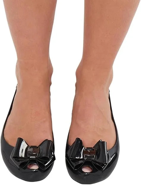 Womens Black Patent Jelly Ballet Flats with Bow – Ladies Comfy Slip-On Shoes Casual Wear Every-Day Jelly Ballerina Pumps