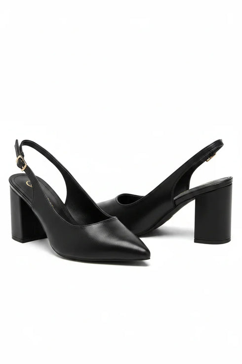 Women's Black Block Heel Slingback Court Shoes G-285-1