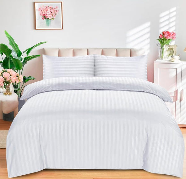 Bedding Set Brushed Microfiber Satin Stripes Easy Care Duvet Cover with Pillowcases - White