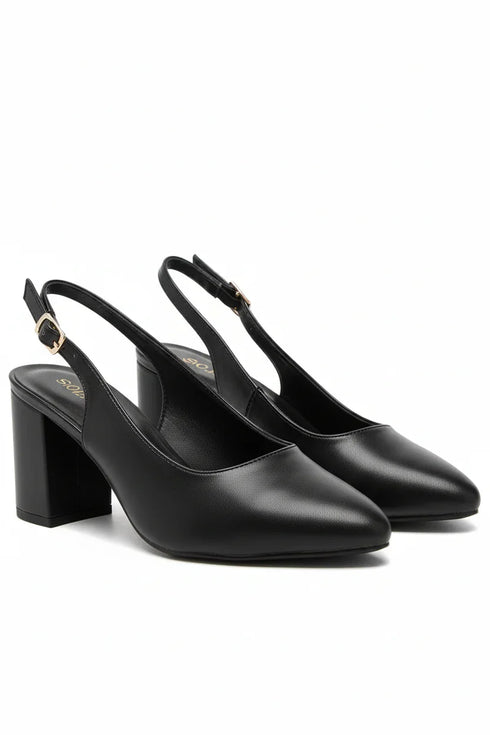 Women's Black Block Heel Slingback Court Shoes G-285-1