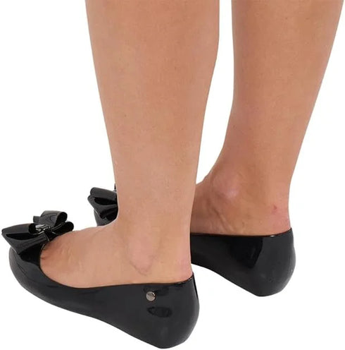 Womens Black Patent Jelly Ballet Flats with Bow – Ladies Comfy Slip-On Shoes Casual Wear Every-Day Jelly Ballerina Pumps
