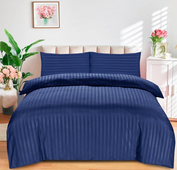Bedding Set Brushed Microfiber Satin Stripes Easy Care Duvet Cover with Pillowcases - Navy Blue
