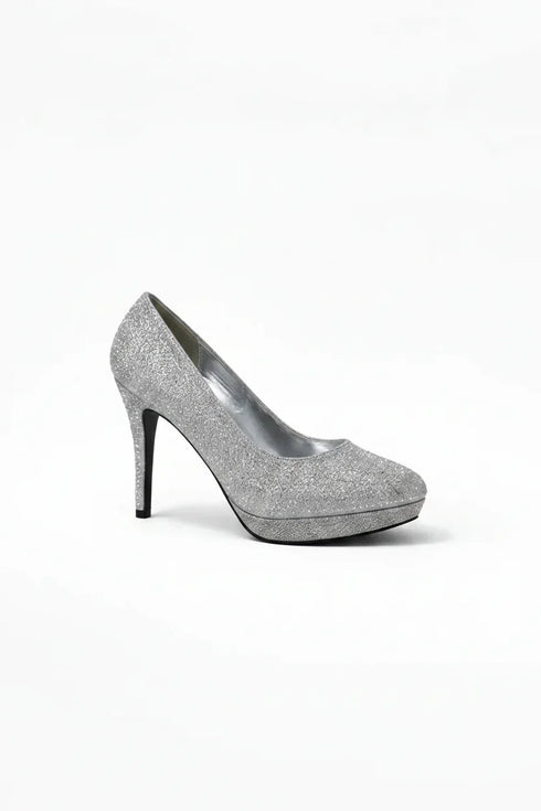 Silver Glitter Round Toe Diamante Stiletto High Heel Court Shoes – 014