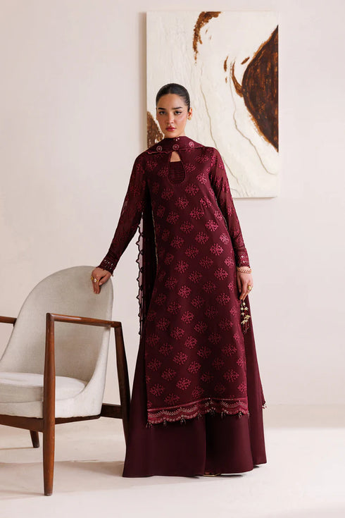 Farasha Embroidered Chiffon Suit Crimson Grace