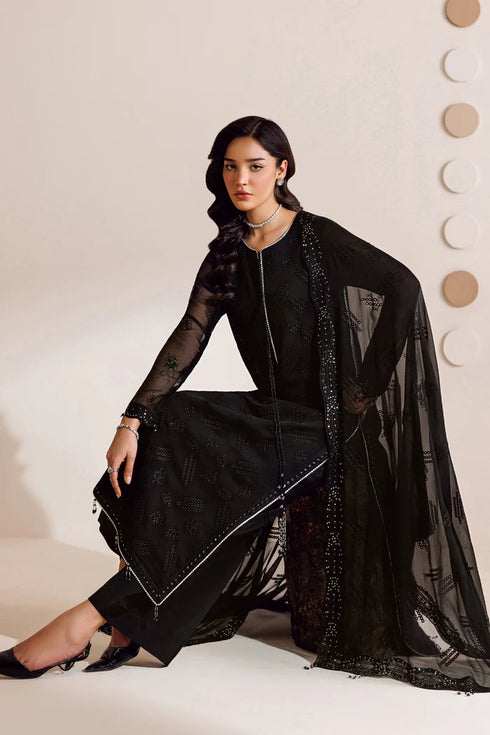 Farasha Embroidered Chiffon Suit Charcoal Whisper