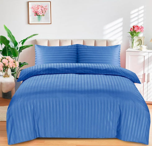 Bedding Set Brushed Microfiber Satin Stripes Easy Care Duvet Cover with Pillowcases - Mid Blue