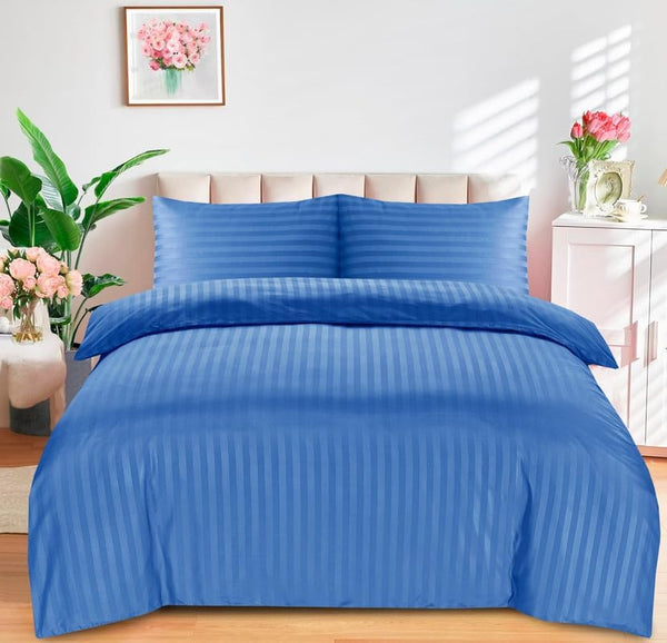 Bedding Set Brushed Microfiber Satin Stripes Easy Care Duvet Cover with Pillowcases - Mid Blue