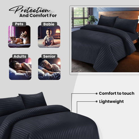 Bedding Set Brushed Microfiber Satin Stripes Easy Care Duvet Cover with Pillowcases - Black