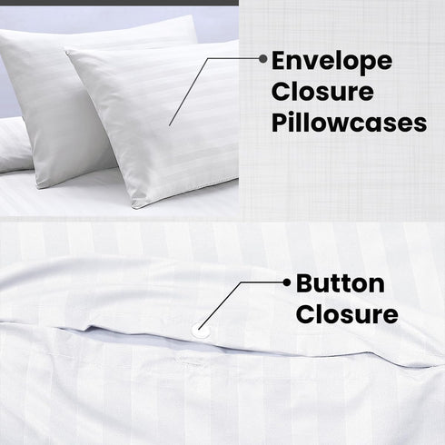 Bedding Set Brushed Microfiber Satin Stripes Easy Care Duvet Cover with Pillowcases - White