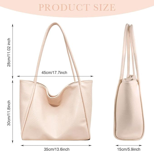 LassZone Nude Large Vegan Leather Tote Bag for Women with Inner Zip Pocket
