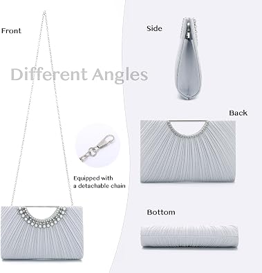 OPLERT Women’s Silver Pleated Satin Evening Clutch Bag with Pearl Handle and Chain Strap