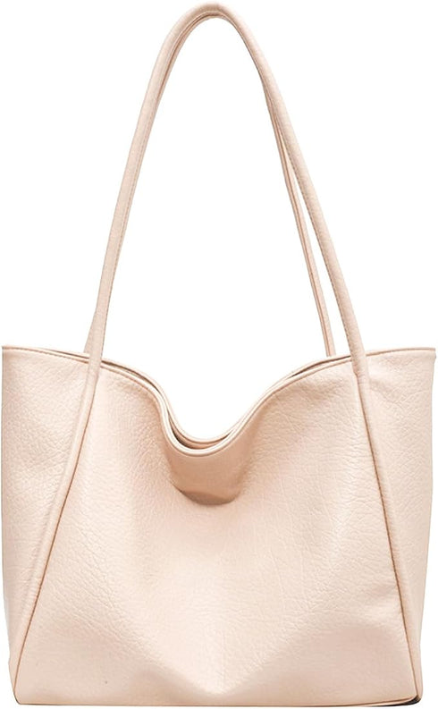 LassZone Nude Large Vegan Leather Tote Bag for Women with Inner Zip Pocket