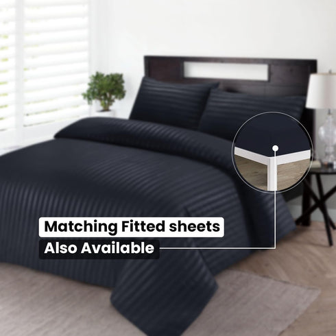 Bedding Set Brushed Microfiber Satin Stripes Easy Care Duvet Cover with Pillowcases - Black