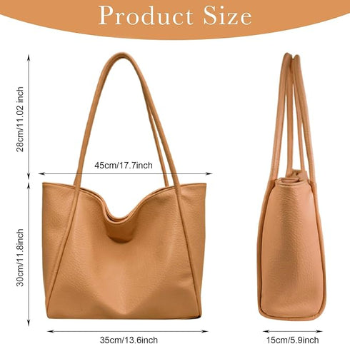 LassZone Khaki Large Vegan Leather Tote Bag for Women with Inner Zip Pocket
