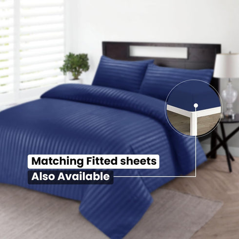 Bedding Set Brushed Microfiber Satin Stripes Easy Care Duvet Cover with Pillowcases - Navy Blue