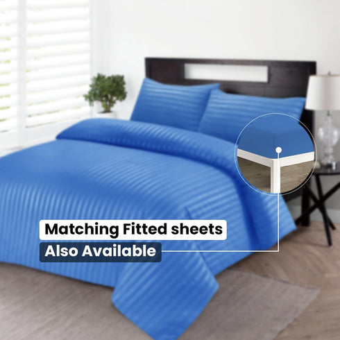 Bedding Set Brushed Microfiber Satin Stripes Easy Care Duvet Cover with Pillowcases - Mid Blue