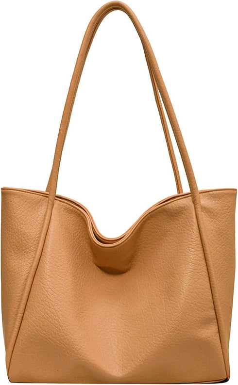 LassZone Khaki Large Vegan Leather Tote Bag for Women with Inner Zip Pocket