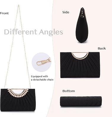 OPLERT Women’s Black Pleated Satin Evening Clutch Bag with Pearl Handle and Chain Strap