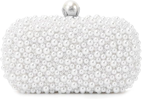 Women white Evening Bags with Pearls Clutch Bag for Wedding Party Bridal Prom