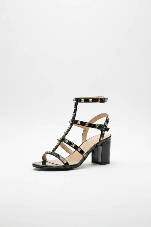 Women's Black Patent Gladiator Block Heel Sandals Multi Strap Open Toe BS-7