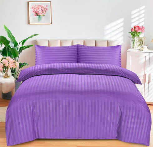 Bedding Set Brushed Microfiber Satin Stripes Easy Care Duvet Cover with Pillowcases - Purple