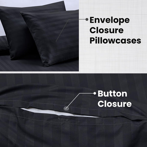 Bedding Set Brushed Microfiber Satin Stripes Easy Care Duvet Cover with Pillowcases - Black