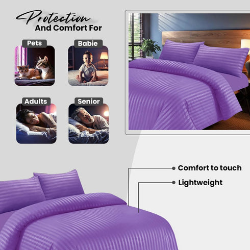 Bedding Set Brushed Microfiber Satin Stripes Easy Care Duvet Cover with Pillowcases - Purple