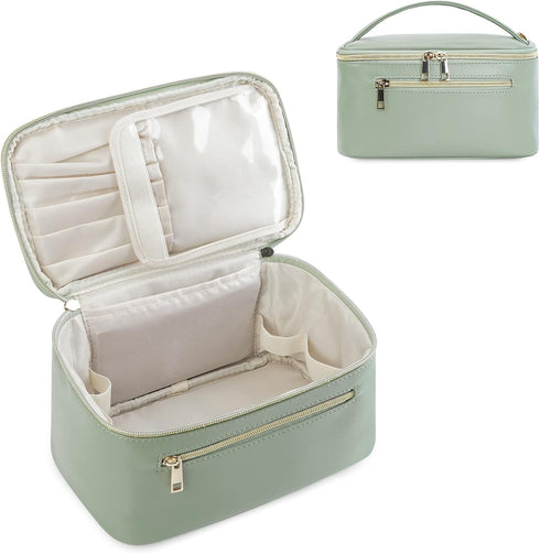 Women’s Large Green Travel Makeup Bag – PU Leather Cosmetic Case with Brush Compartment and Carry Handle