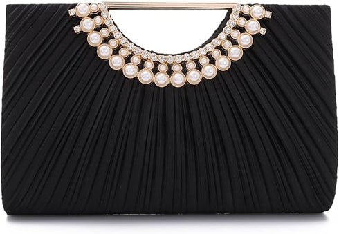 OPLERT Women’s Black Pleated Satin Evening Clutch Bag with Pearl Handle and Chain Strap