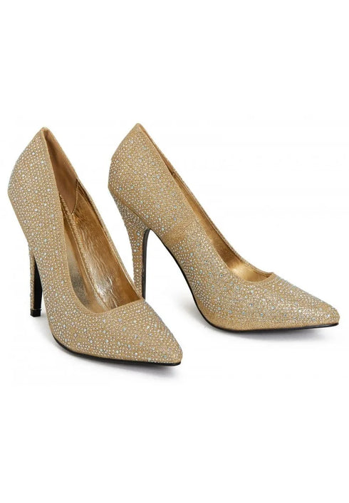 Women's Gold Glitter Diamante Pointed Toe Stiletto Heel Court Shoes – G-924