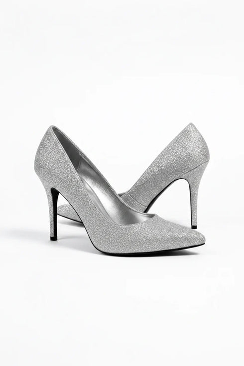 Silver Glitter Stiletto High Heel Court Shoes Pointed Toe 4.5 Inch — BS-12924