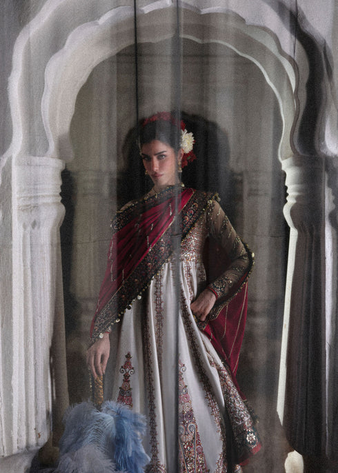 Hussain Rehar Embroidered Korean Raw Silk Suit Madhu Bala