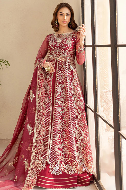 Farasha Embroidered Net Suit Carmine Allure