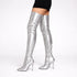 Women's Silver Thigh High Over The Knee Stiletto Boots Zip 12051