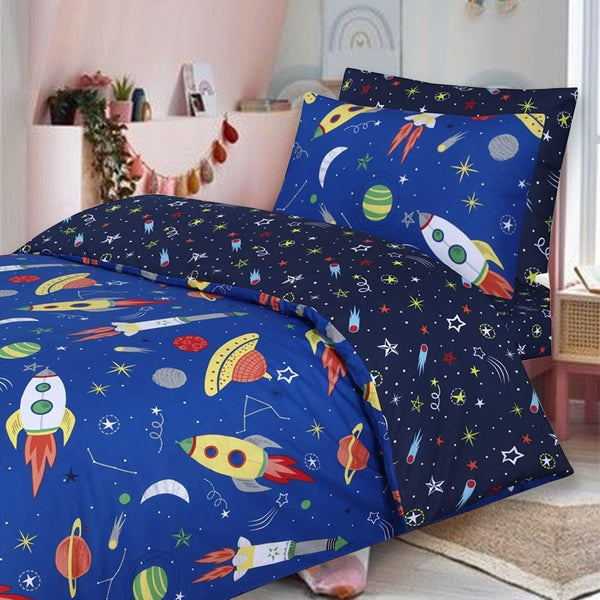 100% Cotton Kids Children's Bedding Set Reversible Duvet Cover with Pillowcase - Space Blue