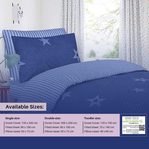 100% Cotton Kids Children's Bedding Set Reversible Duvet Cover with Pillowcase-Star Blue