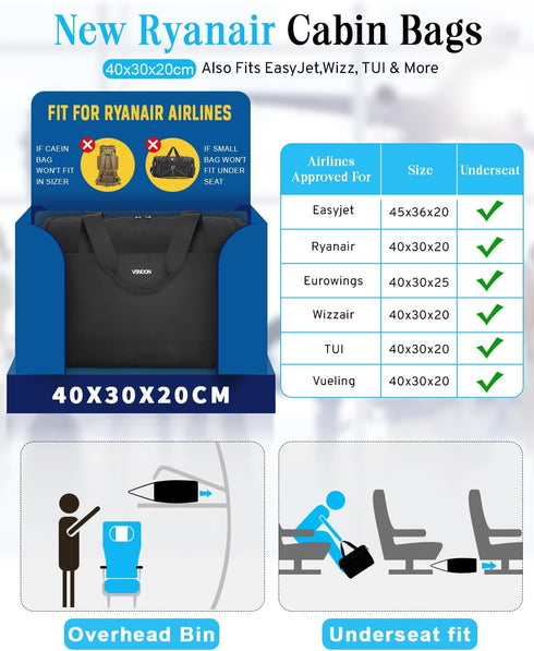 Black VSNOON 40x30x20 Ryanair Cabin Bag – 24L Underseat Bag