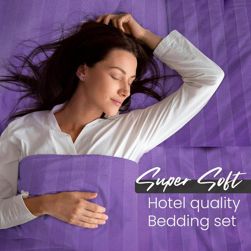 Bedding Set Brushed Microfiber Satin Stripes Easy Care Duvet Cover with Pillowcases - Purple