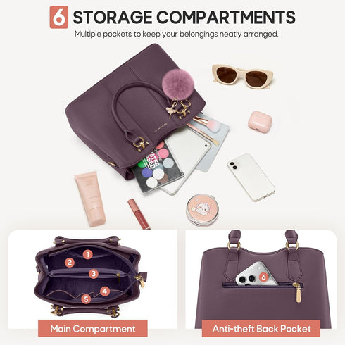 RAINSMORE Purple Handbag for Women – PU Leather Top Handle and Crossbody Bag with Detachable Charm