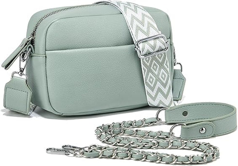Women’s Light Green Small PU Leather Crossbody Camera Bag with Two Straps