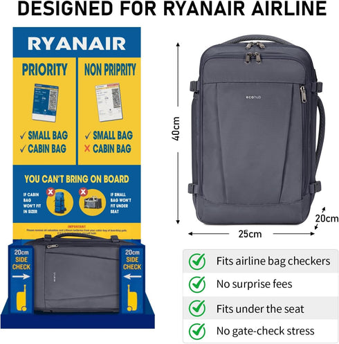 ECOHUB 20L Ryanair Cabin Dark Gray Backpack – 40 × 20 × 25 cm Beige Underseat Bag with USB Port