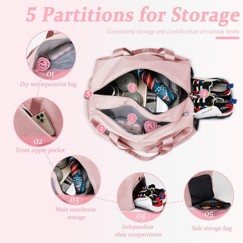 Pink GLGHMH Large Gym Bag with Shoe Compartment & Wet Pocket – Lightweight Sports Travel Holdall with 2 Shoe Bags