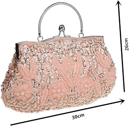 HONGCI Women’s Peach Rose Beaded Clutch Bag with Chain – Vintage Sequin Bridal and Evening Bag